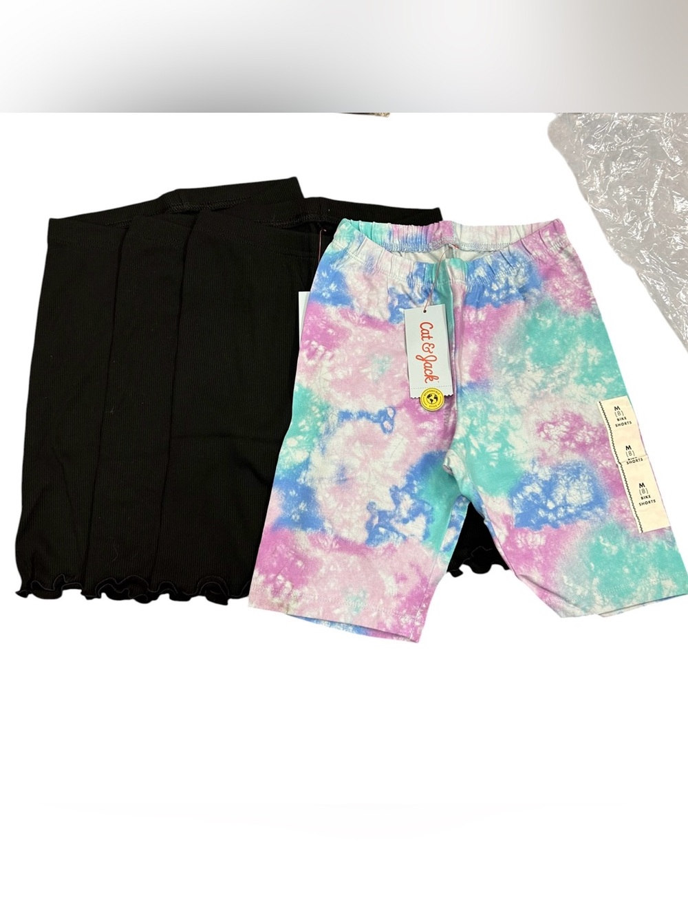 Cat & Jack Girls 8 Medium Bike Shorts (3) Black & (1) Blue Purple Tie Dye NWT
